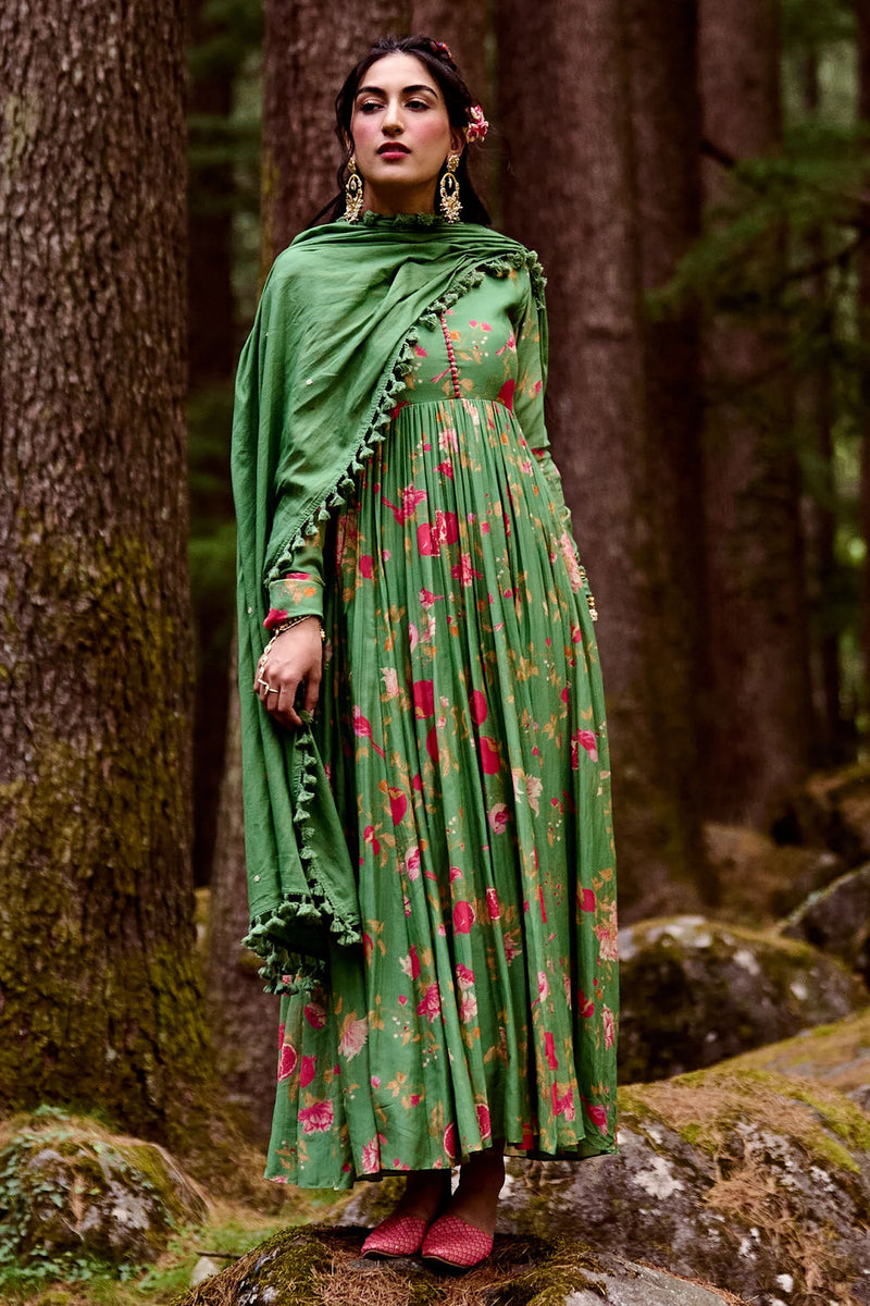 Kendal Anarkali Set – Green cotton silk by Paulmi & Harsh-kahan Sep'26 in green for women in Singapore