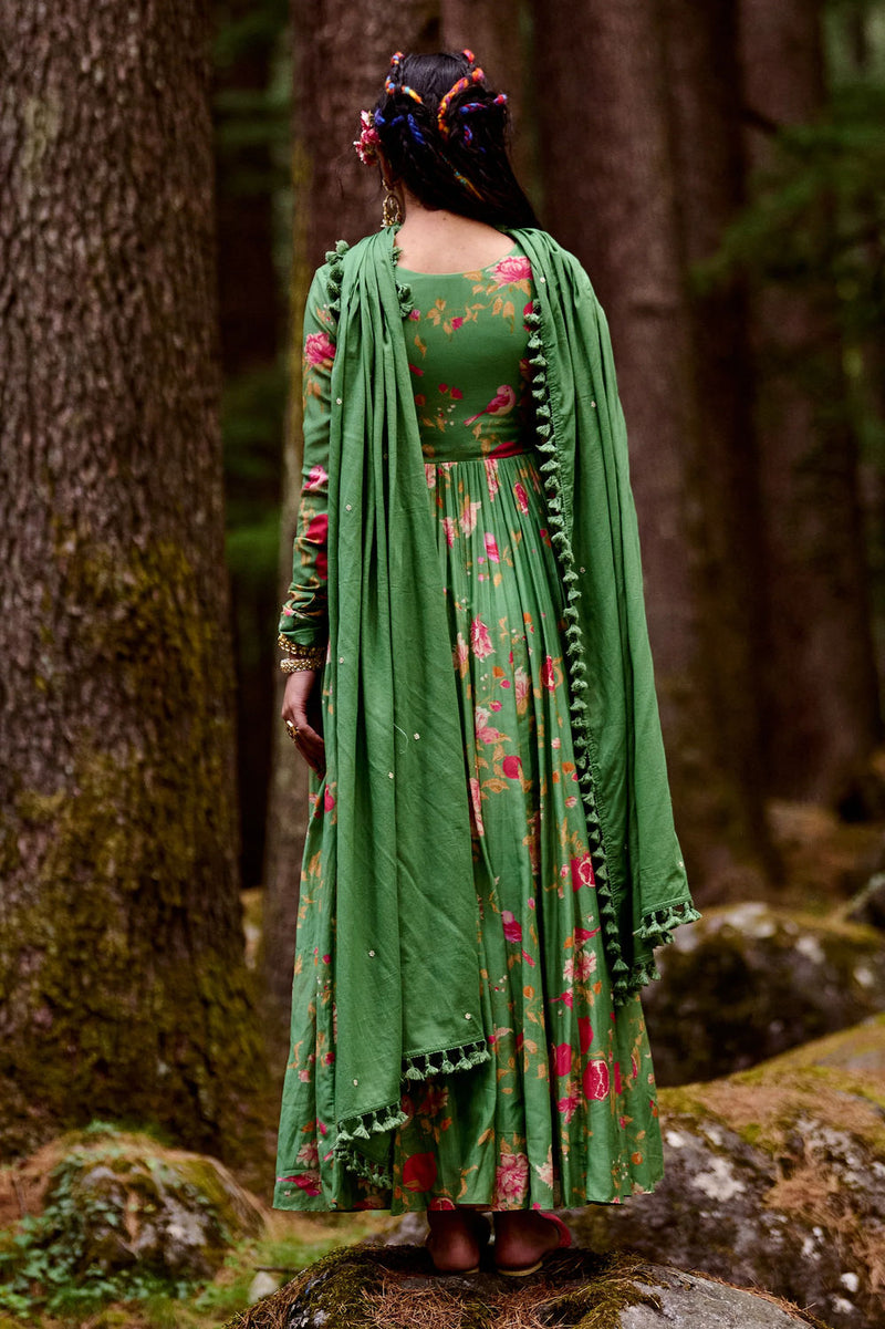 Kendal Anarkali Set – Green cotton silk by Paulmi & Harsh-kahan Sep'26 in green for women in Singapore