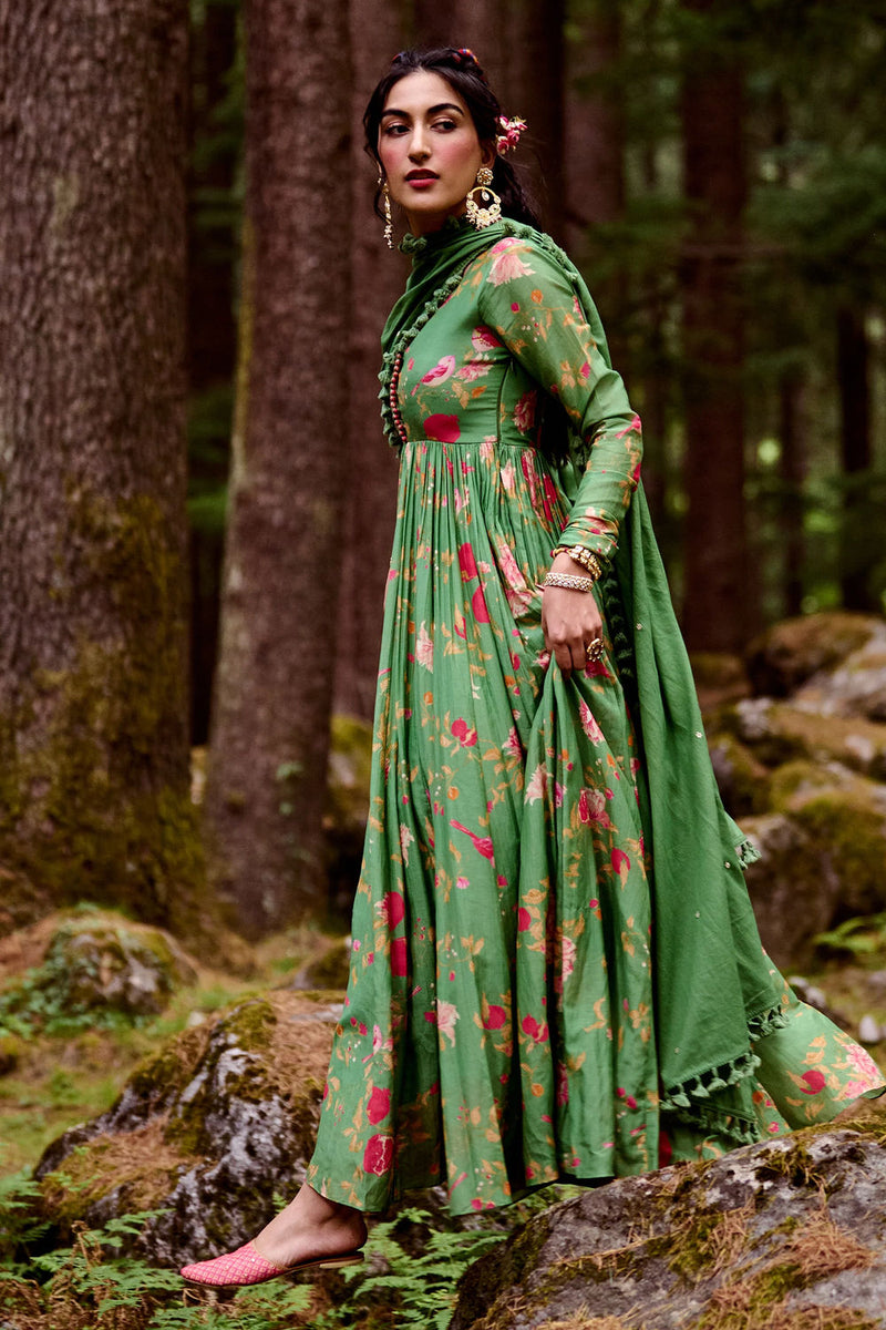 Kendal Anarkali Set – Green cotton silk by Paulmi & Harsh-kahan Sep'26 in green for women in Singapore