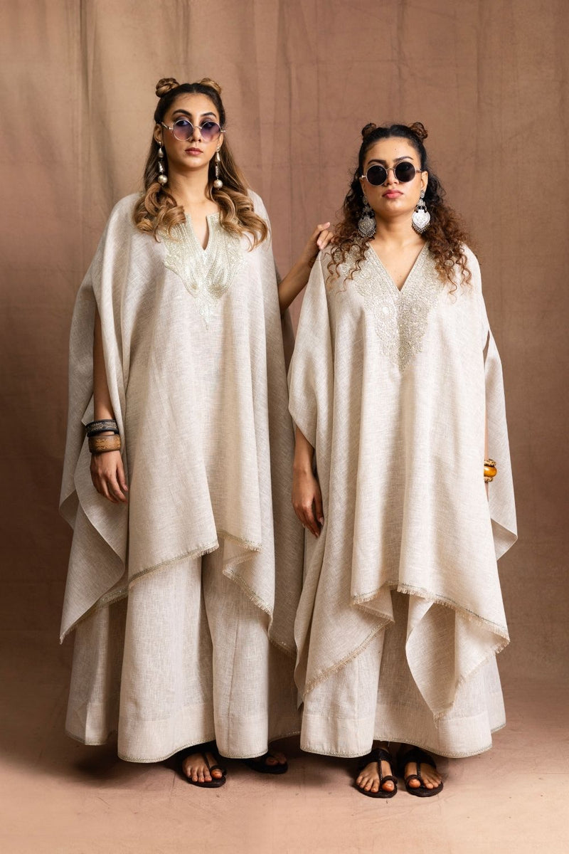 Khakhi Linen Cape Tunic & Split Skirt-V Neckline Natural Linen Indo-Western Sabo by Sabina — Canvas & Weaves Singapore