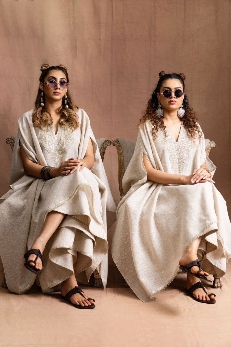 Khakhi Linen Cape Tunic & Split Skirt-Notched Neckline Natural Linen Indo-Western Sabo by Sabina — Canvas & Weaves Singapore