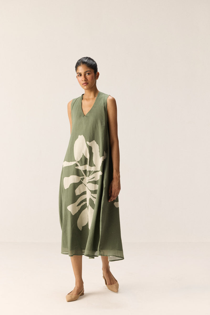 Faded Herb Dress cotton by Khara Kapas in green for women in Singapore
