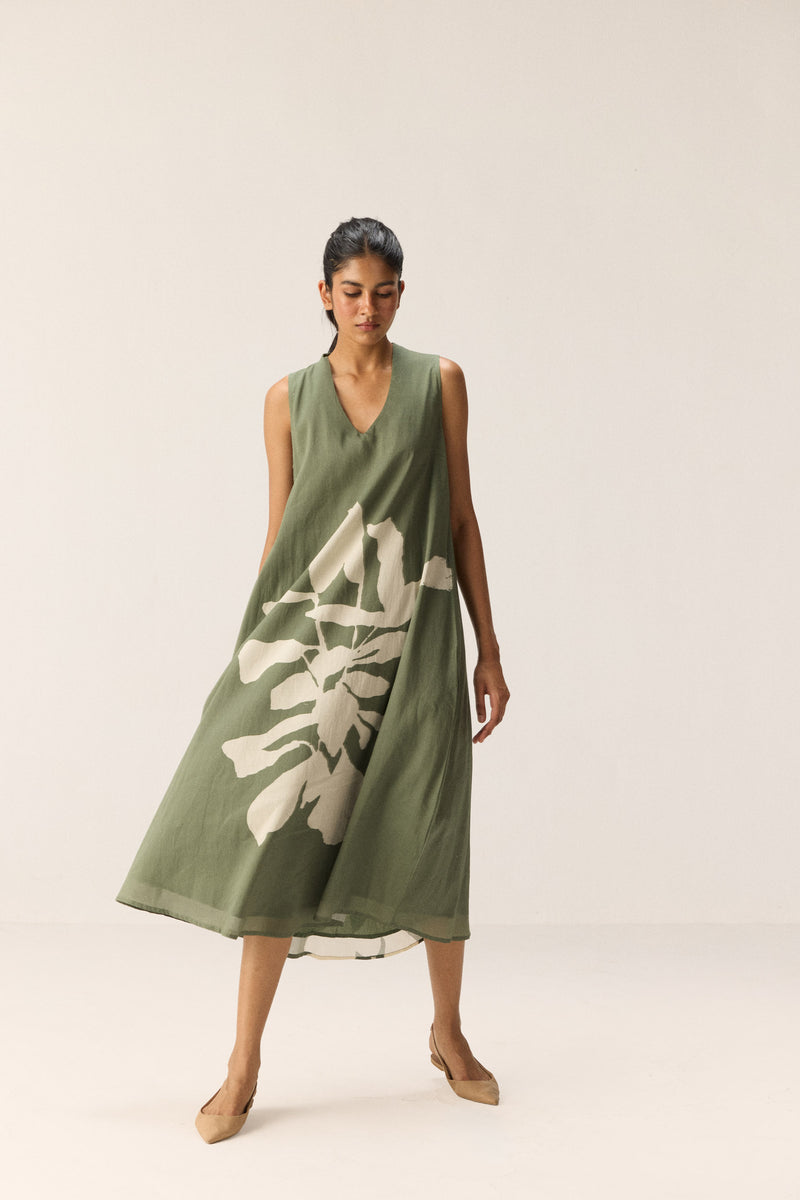 Faded Herb Dress cotton by Khara Kapas in green for women in Singapore