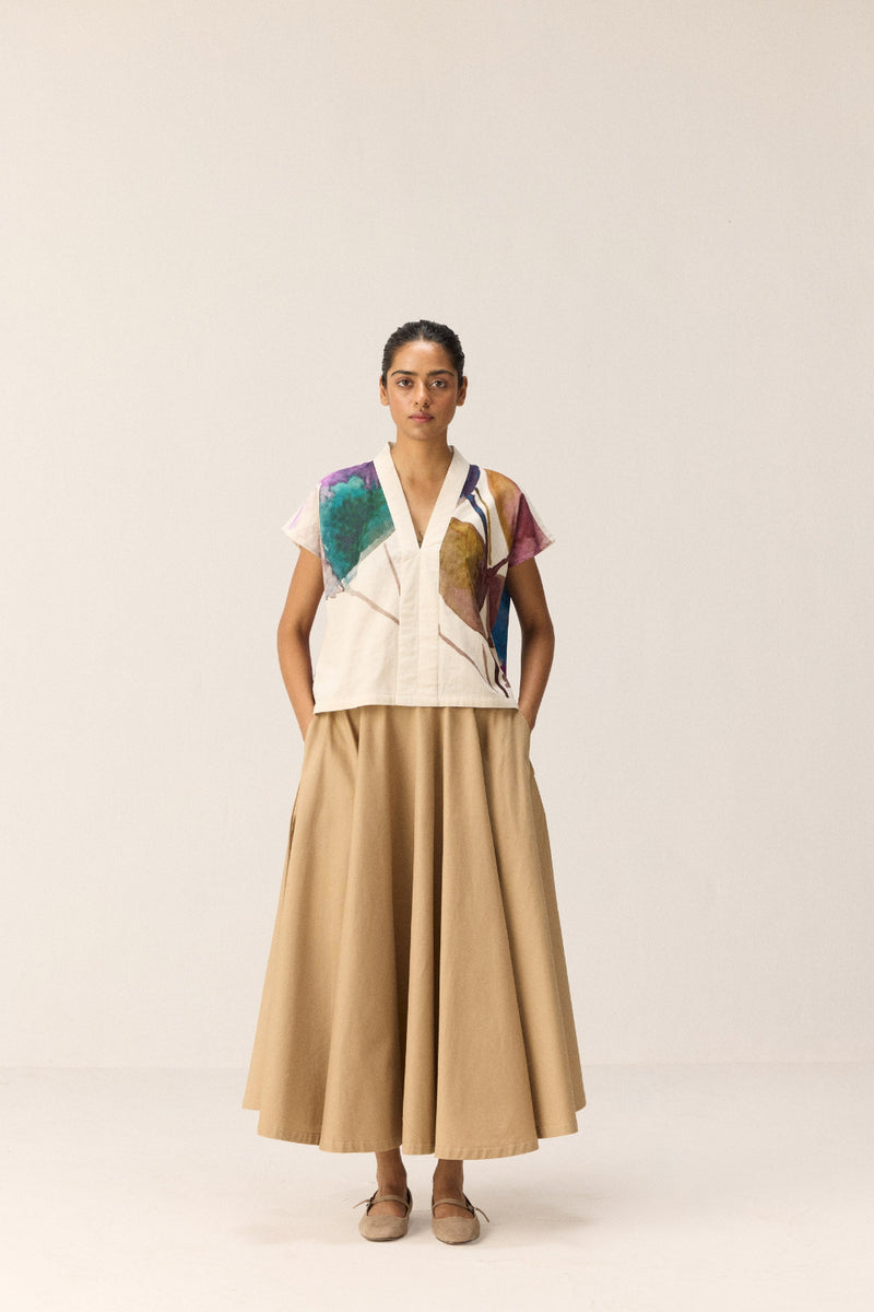 Pecan Skirt oxford by Khara Kapas in beige for women in Singapore