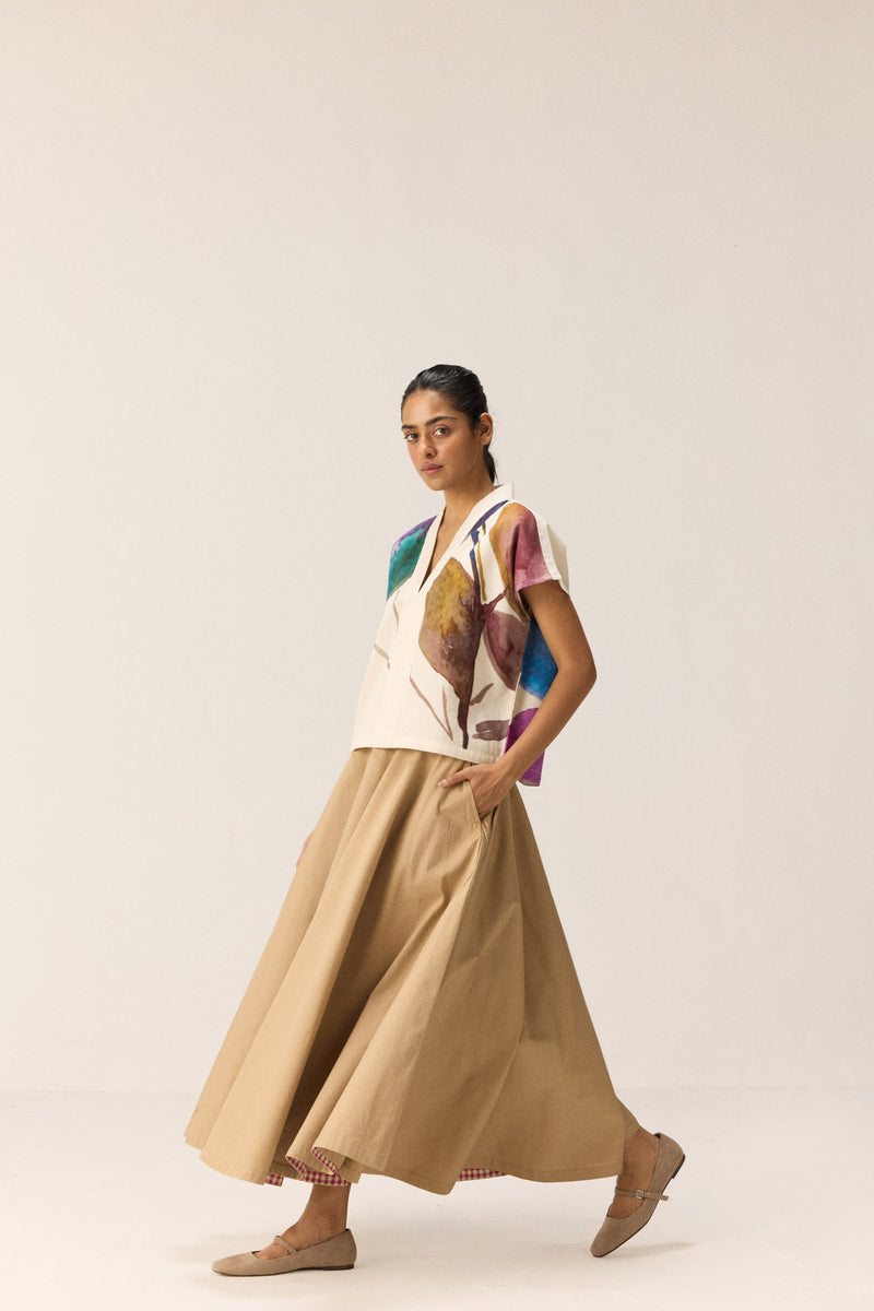 Pecan Skirt oxford by Khara Kapas in beige for women in Singapore