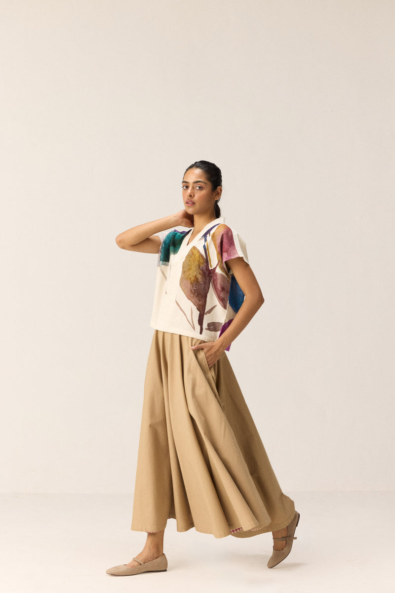 Pecan Skirt oxford by Khara Kapas in beige for women in Singapore