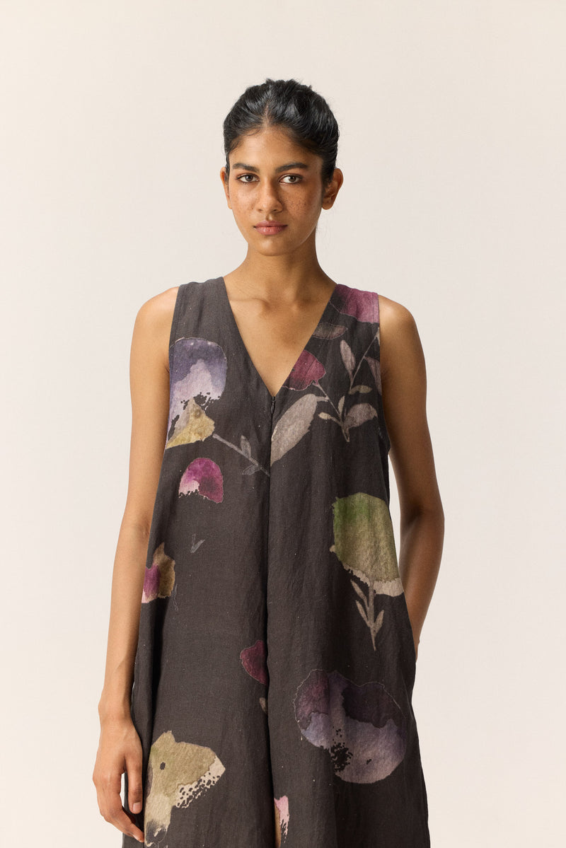 Nightshade Blooms Jumpsuit linen by Khara Kapas in charcoal for women in Singapore