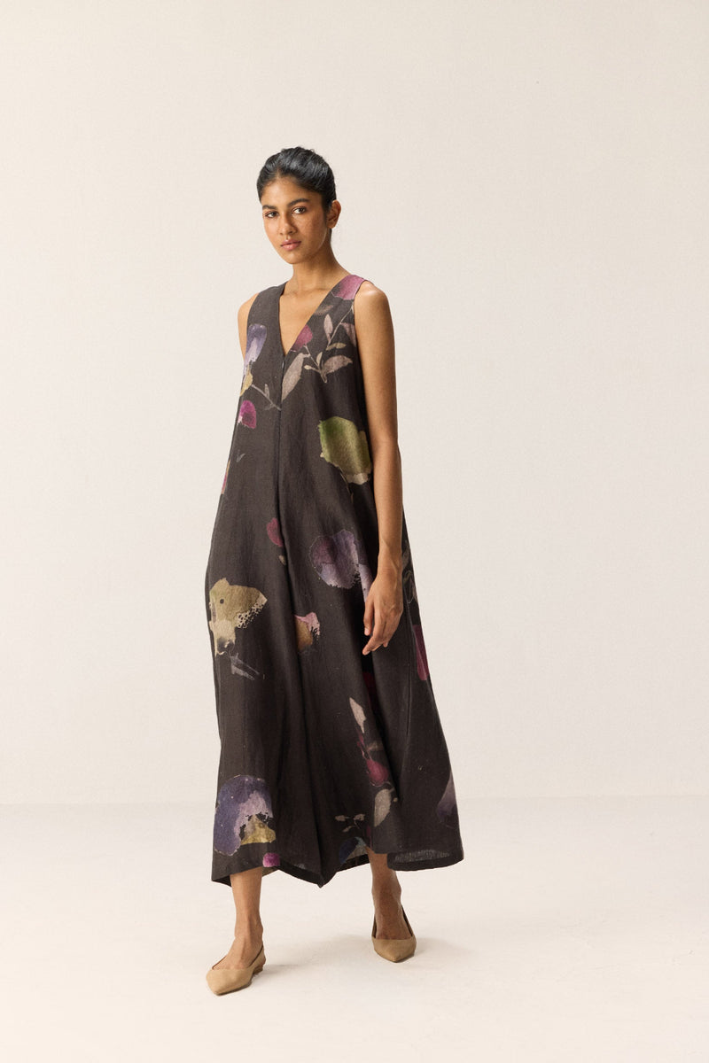 Nightshade Blooms Jumpsuit linen by Khara Kapas in charcoal for women in Singapore