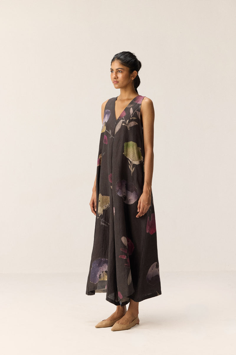 Nightshade Blooms Jumpsuit linen by Khara Kapas in charcoal for women in Singapore