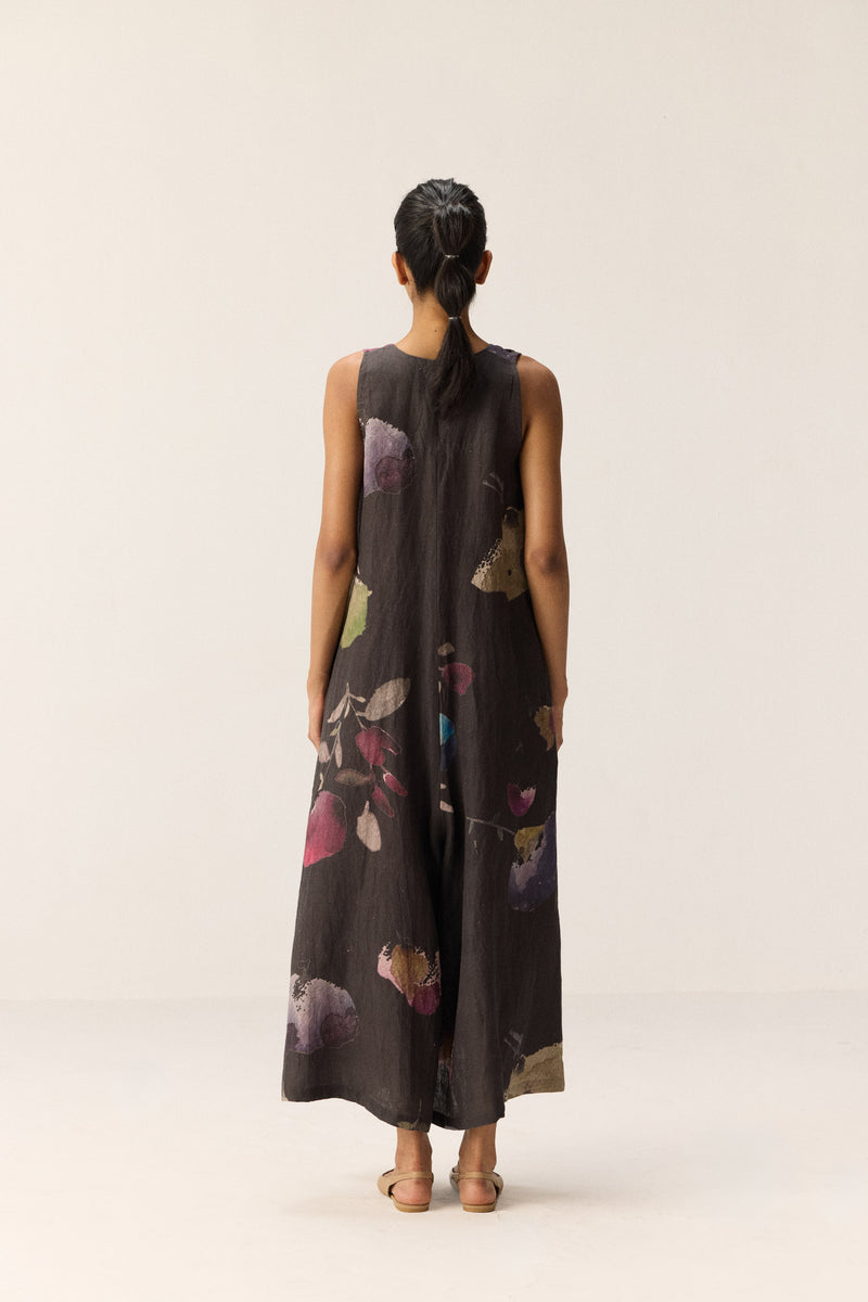 Nightshade Blooms Jumpsuit linen by Khara Kapas in charcoal for women in Singapore