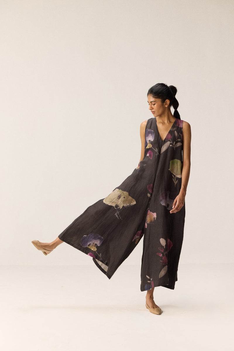 Nightshade Blooms Jumpsuit linen by Khara Kapas in charcoal for women in Singapore