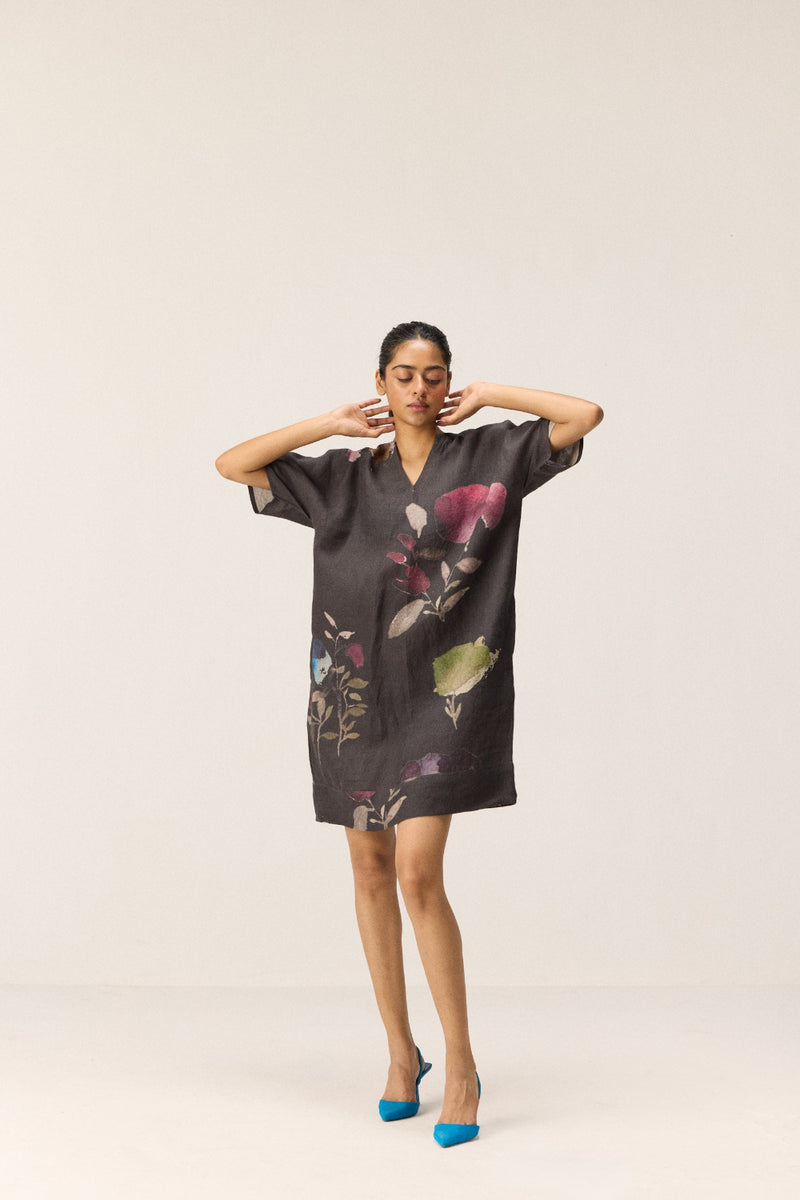 Wild Grove Dress linen by Khara Kapas in charcoal for women in Singapore