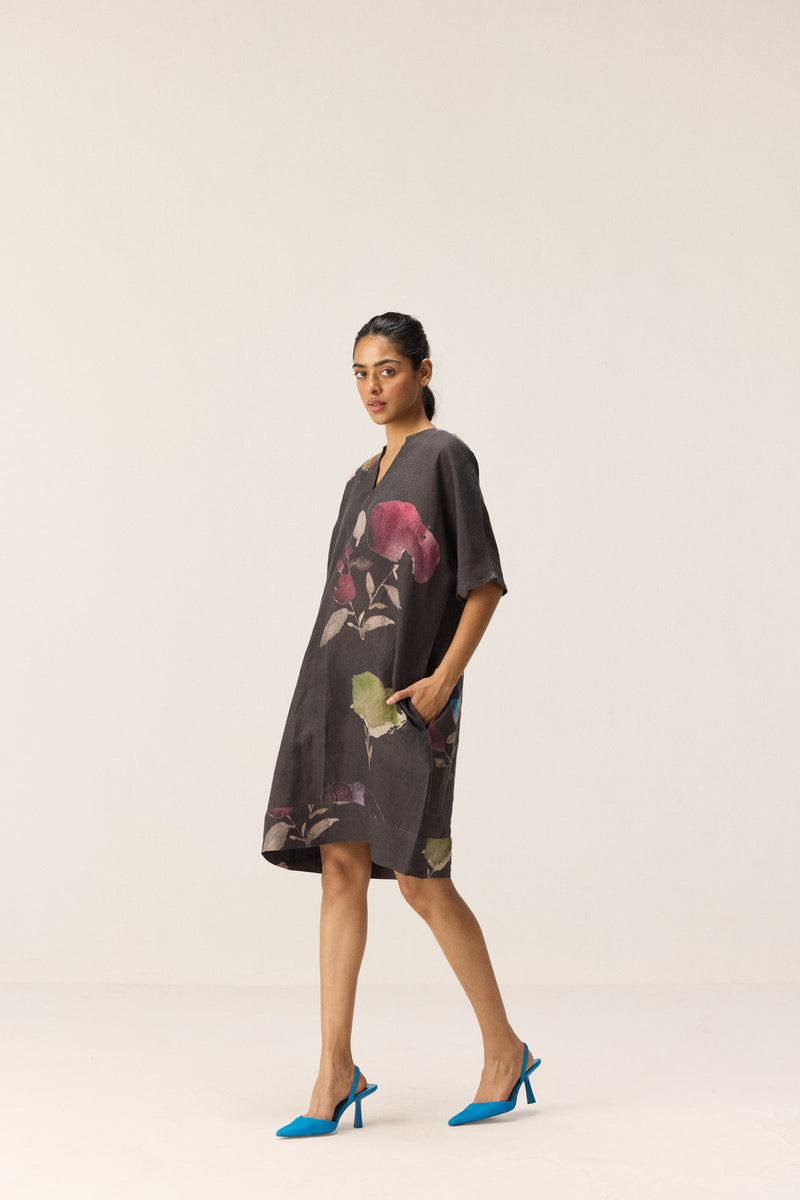 Wild Grove Dress linen by Khara Kapas in charcoal for women in Singapore