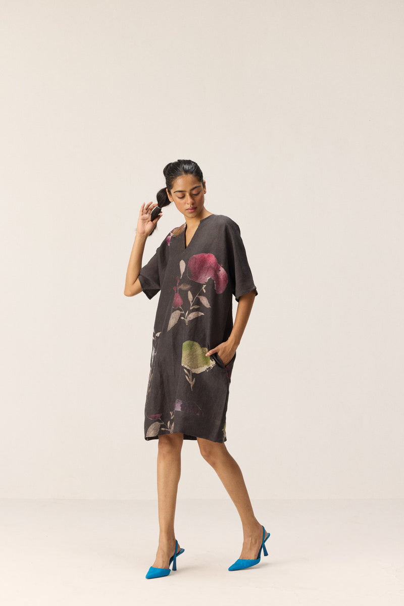 Wild Grove Dress linen by Khara Kapas in charcoal for women in Singapore
