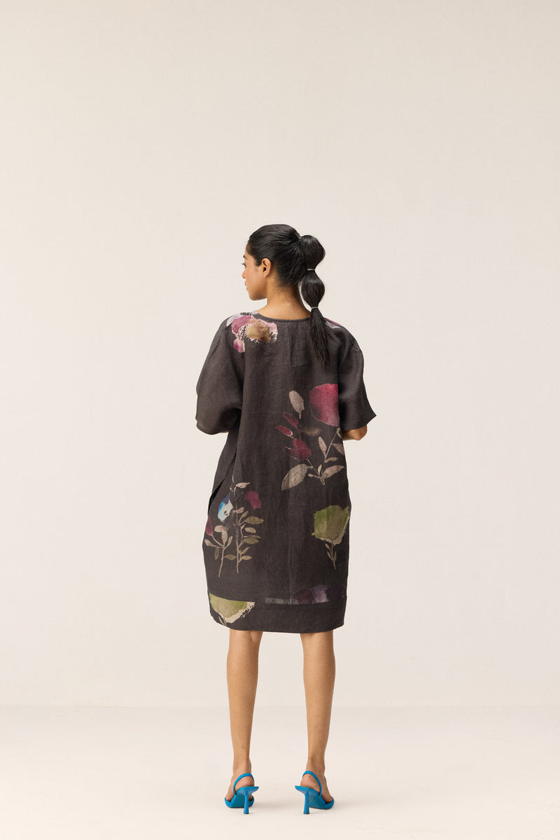 Wild Grove Dress linen by Khara Kapas in charcoal for women in Singapore