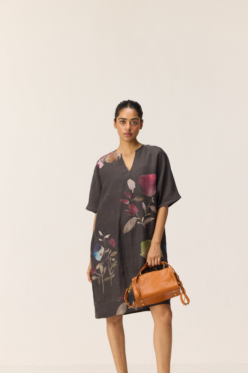 Wild Grove Dress linen by Khara Kapas in charcoal for women in Singapore