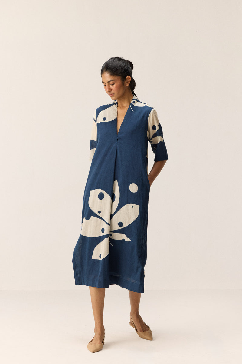 Sapphire Shadow Dress cotton by Khara Kapas in blue for women in Singapore