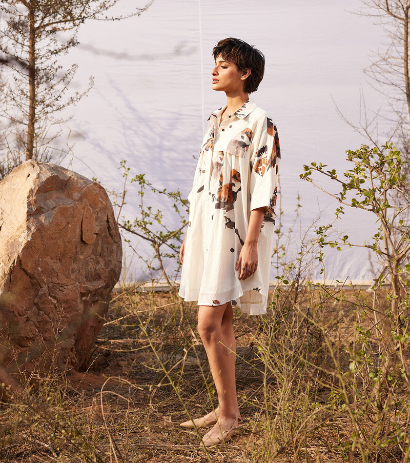 Panchi Shirt dress cotton by Khara Kapas in white for women in Singapore