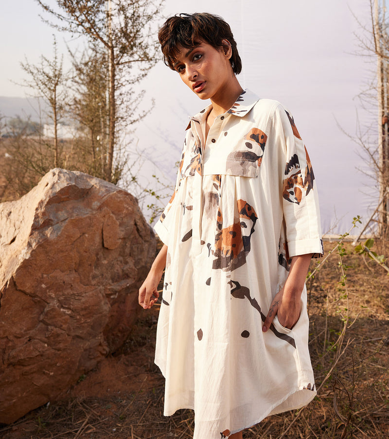 Panchi Shirt dress cotton by Khara Kapas in white for women in Singapore