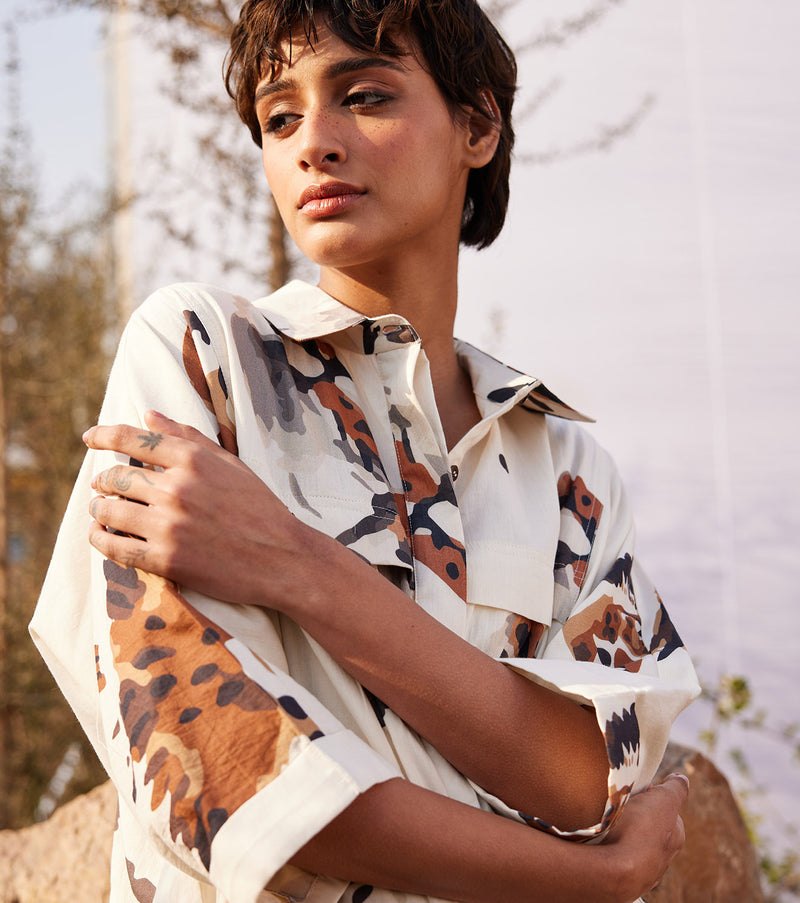 Panchi Shirt dress cotton by Khara Kapas in white for women in Singapore