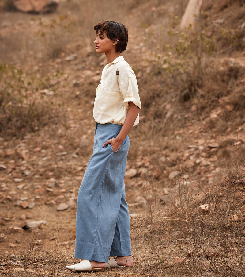 Aasmaan Linen Pants linen by Khara Kapas in blue for women in Singapore