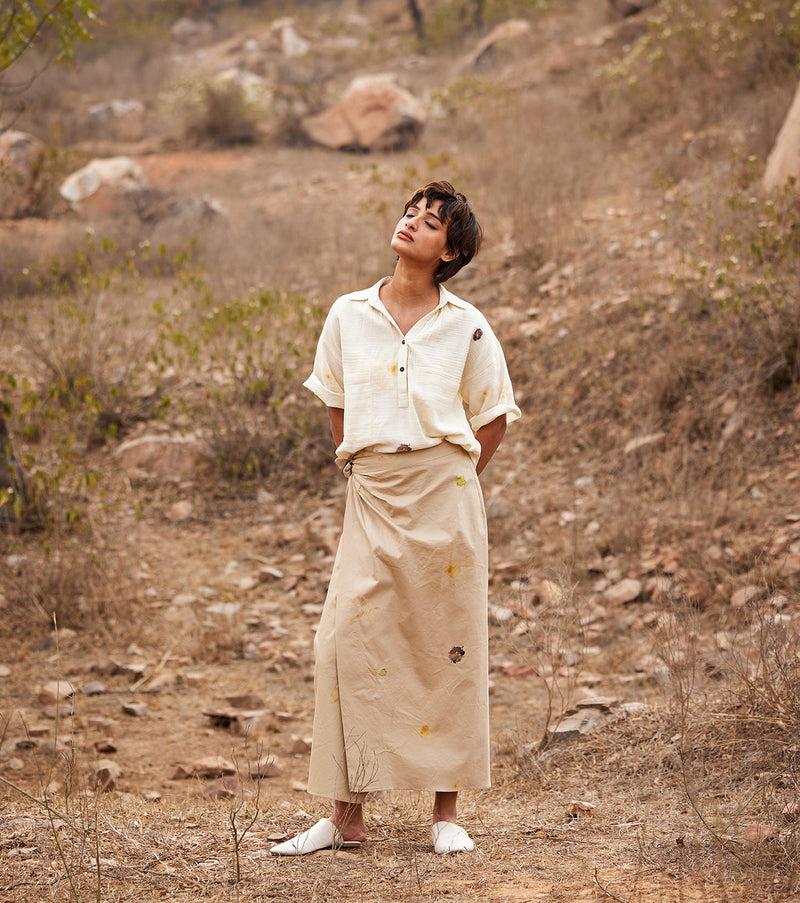 Oxford wrap skirt by Khara Kapas in beige for women in Singapore