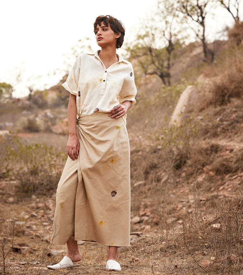Oxford wrap skirt by Khara Kapas in beige for women in Singapore