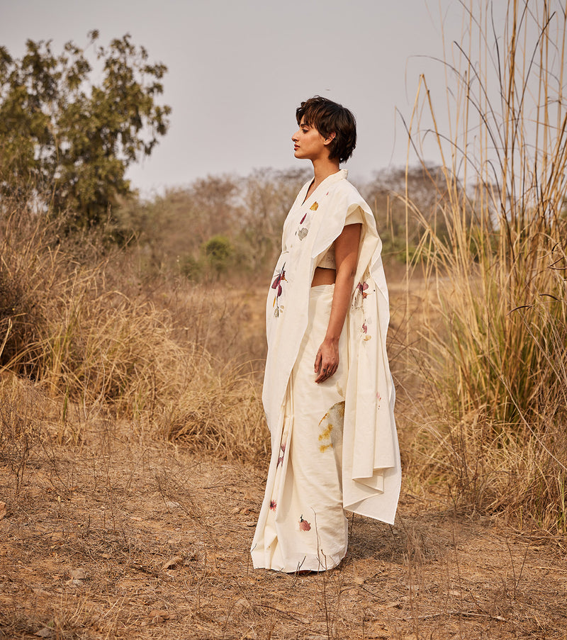 Ketaki saree with Jui blouse cotton by Khara Kapas in white for women in Singapore