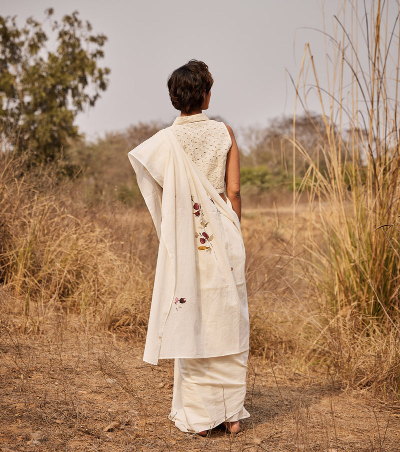 Ketaki saree with Jui blouse cotton by Khara Kapas in white for women in Singapore
