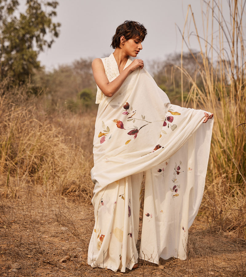 Ketaki saree with Jui blouse cotton by Khara Kapas in white for women in Singapore
