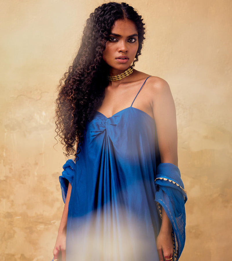 Morni Dupatta cotton by Khara Kapas in blue for women in Singapore