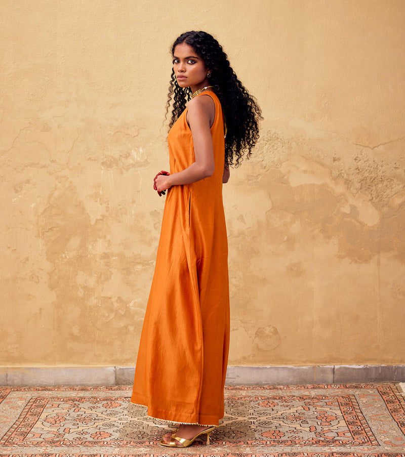 Kesar Jumpsuit chanderi by Khara Kapas in orange for women in Singapore