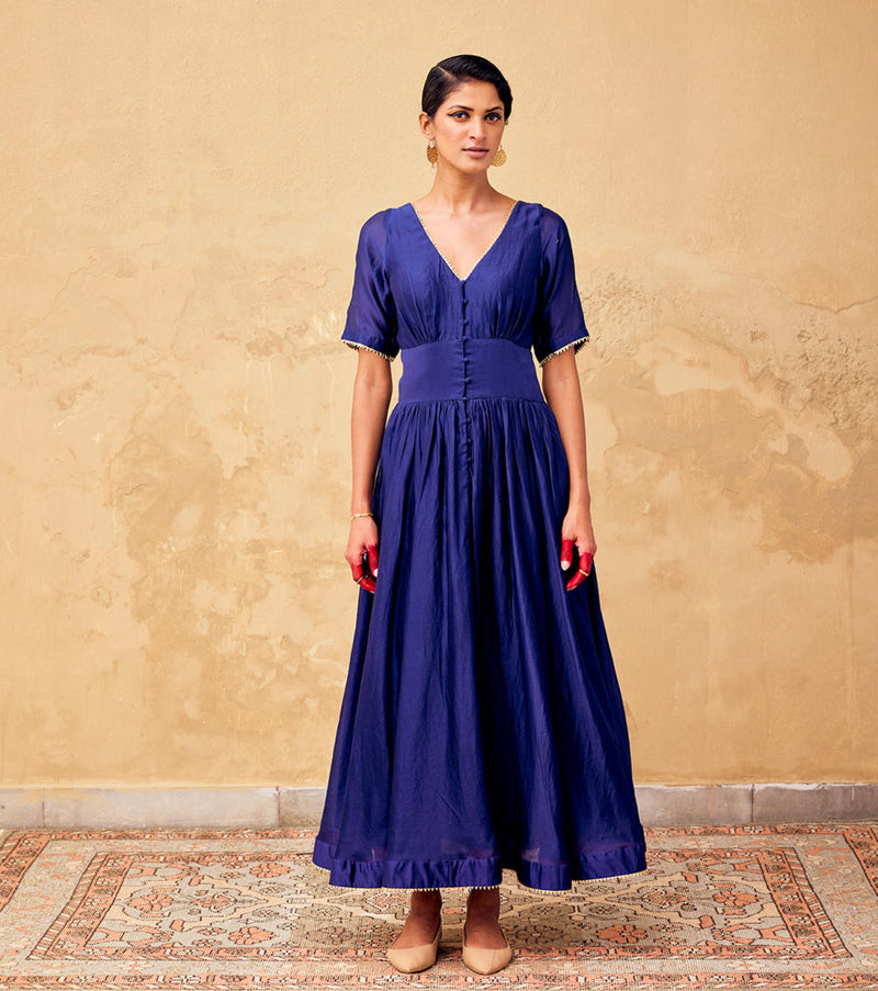 Neelam Dress chanderi by Khara Kapas in blue for women in Singapore