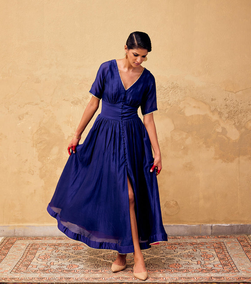 Neelam Dress chanderi by Khara Kapas in blue for women in Singapore
