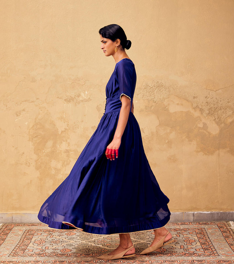 Neelam Dress chanderi by Khara Kapas in blue for women in Singapore