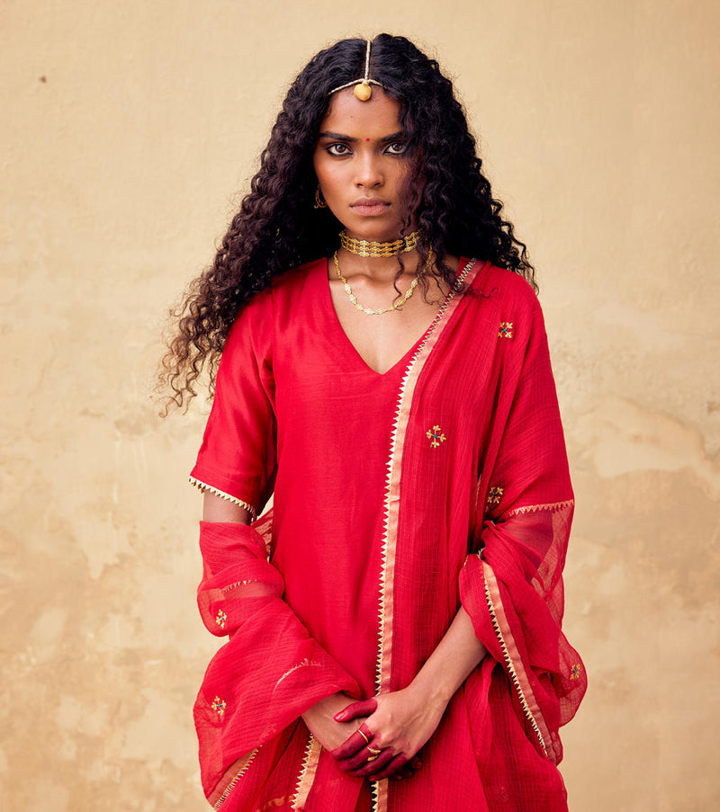 Ishq Dupatta silk by Khara Kapas in red for women in Singapore