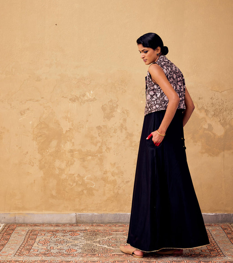 Shahi dress with bolero jacket chanderi by Khara Kapas in black for women in Singapore