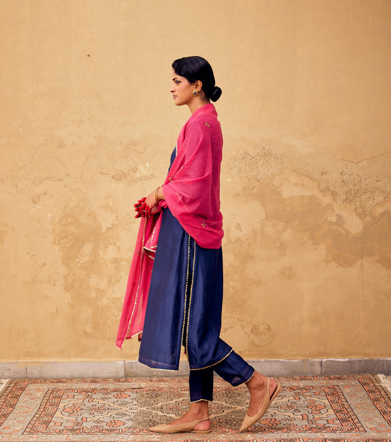 Pakheeza Suit Set with Dupatta chanderi by Khara Kapas in blue for women in Singapore