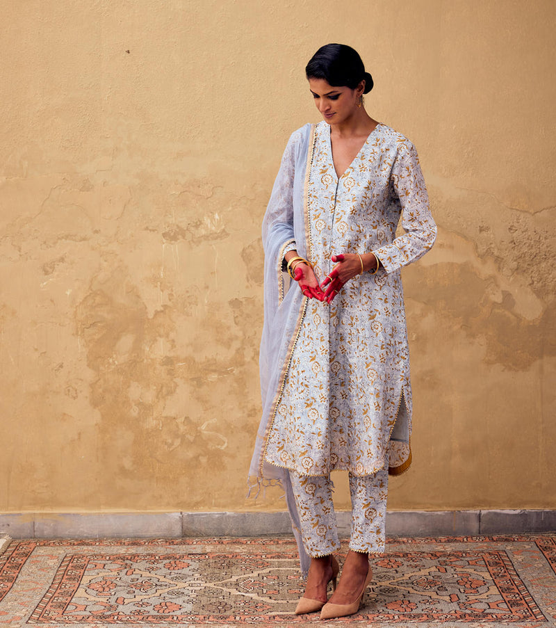 Safa Kurta Set with Dupatta chanderi by Khara Kapas in blue for women in Singapore