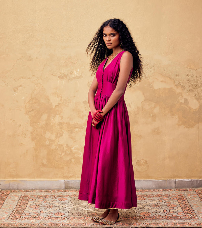 Roohafza Dress chanderi by Khara Kapas in pink for women in Singapore