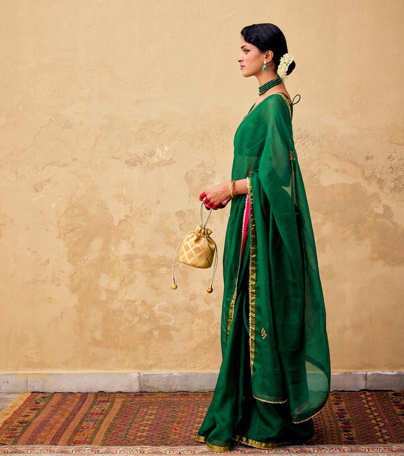 Ghazal Saree with Blouse piece silk by Khara Kapas in green for women in Singapore