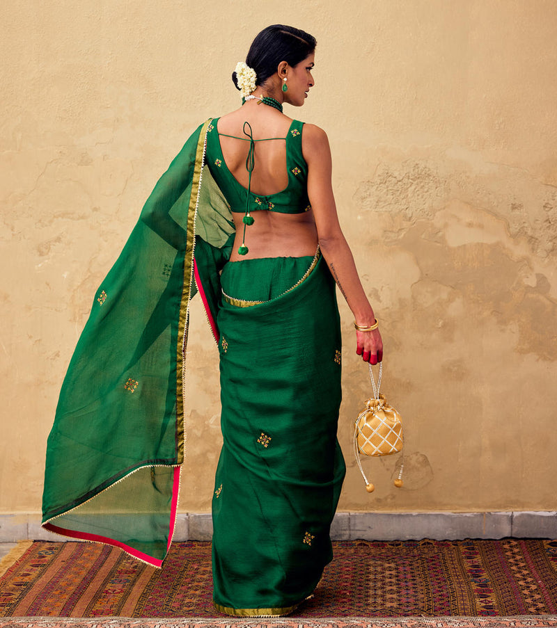 Ghazal Saree with Blouse piece silk by Khara Kapas in green for women in Singapore