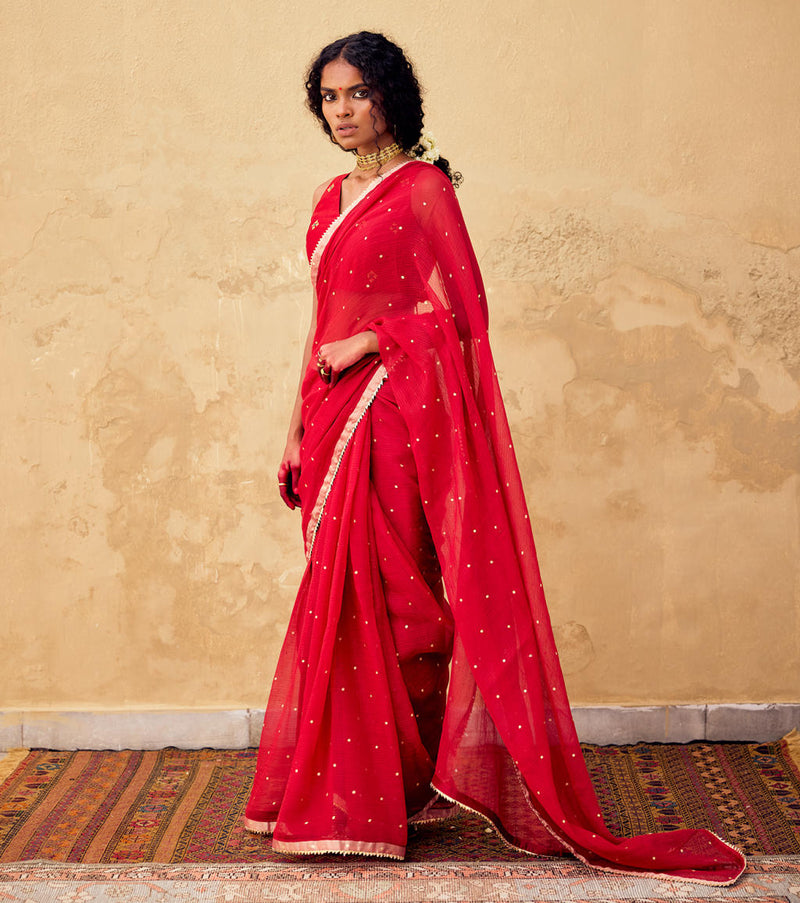 Maharani Saree with Blouse piece silk by Khara Kapas in red for women in Singapore