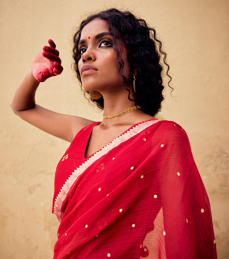Maharani Saree with Blouse piece silk by Khara Kapas in red for women in Singapore