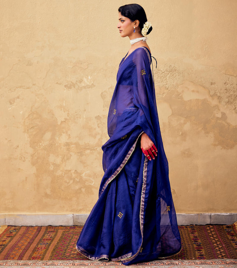 Dilruba Saree with Blouse piece silk by Khara Kapas in blue for women in Singapore