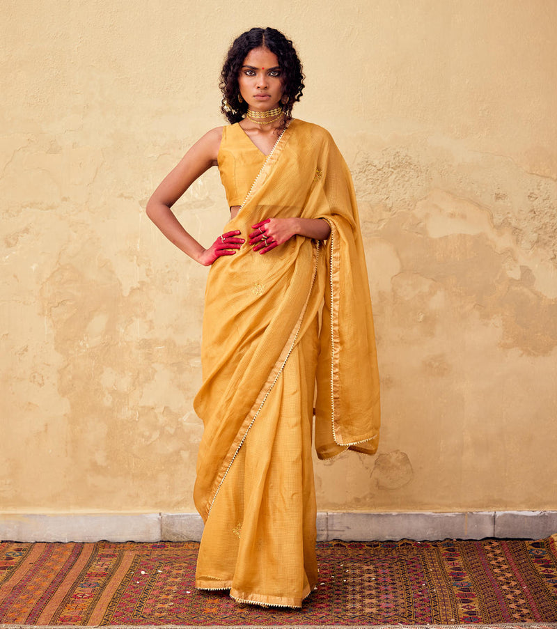 Dhoop Saree with Blouse piece silk by Khara Kapas in mustard for women in Singapore