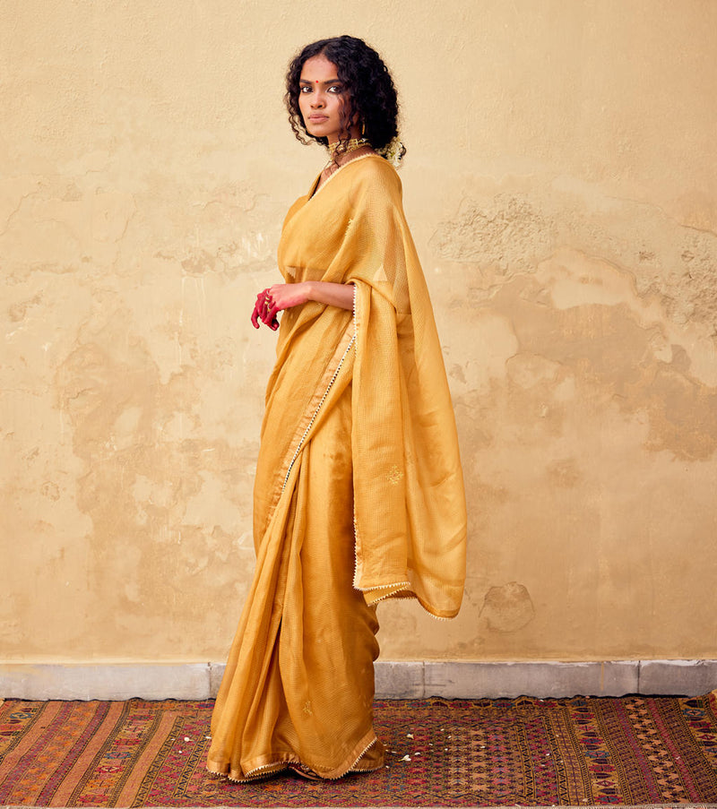 Dhoop Saree with Blouse piece silk by Khara Kapas in mustard for women in Singapore