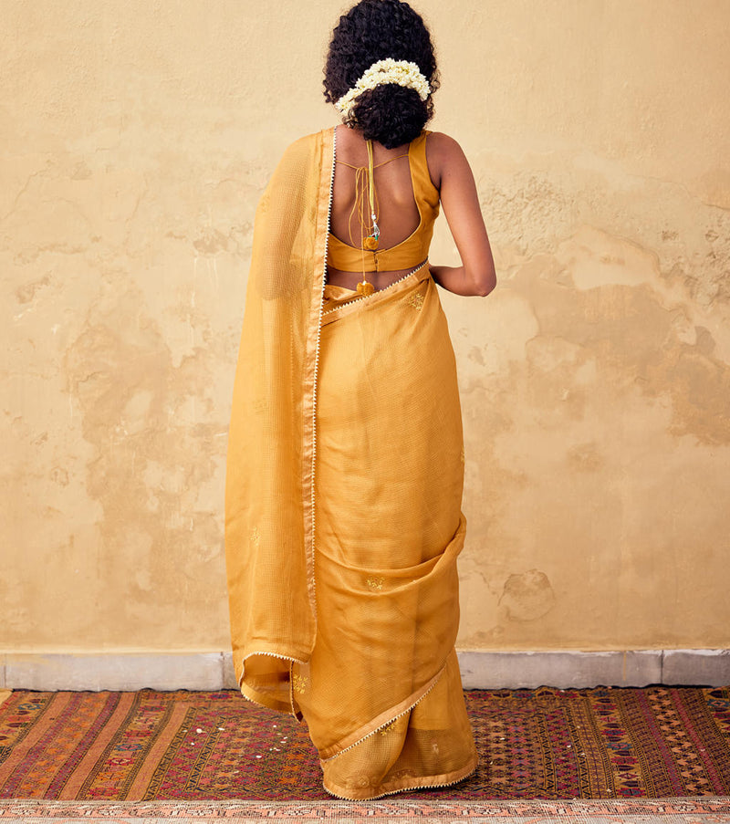 Dhoop Saree with Blouse piece silk by Khara Kapas in mustard for women in Singapore