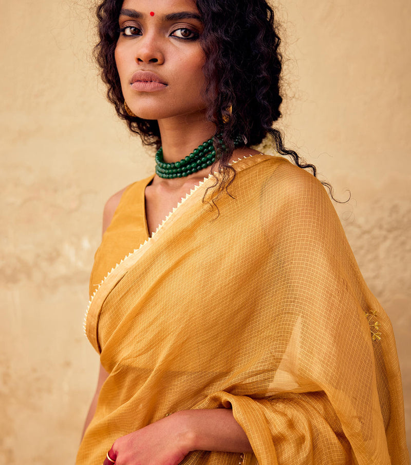 Dhoop Saree with Blouse piece silk by Khara Kapas in mustard for women in Singapore