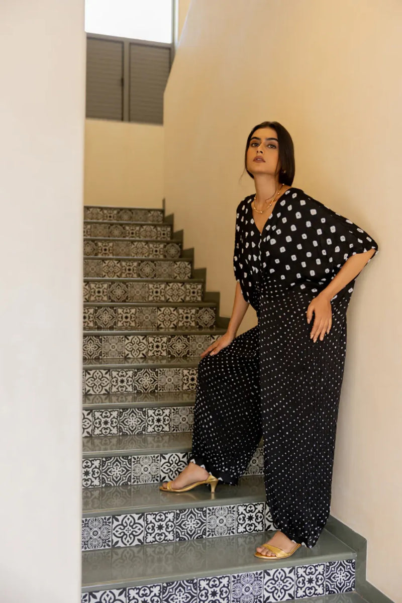 KNOT JUMPSUIT-BLACK silk by Dyelogue in black color for women in Singapore